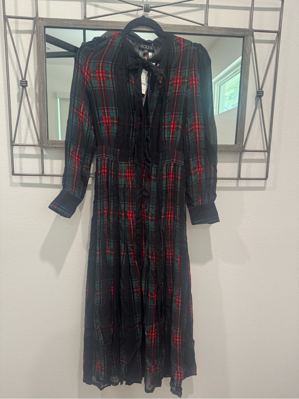 J. Crew Black Plaid Tie-Neck Long Sleeve Midi Dress with Red & Green Accents